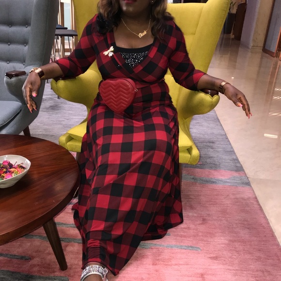 New Gingham print v-neck A-line Maxi dress - Picture 8 of 8